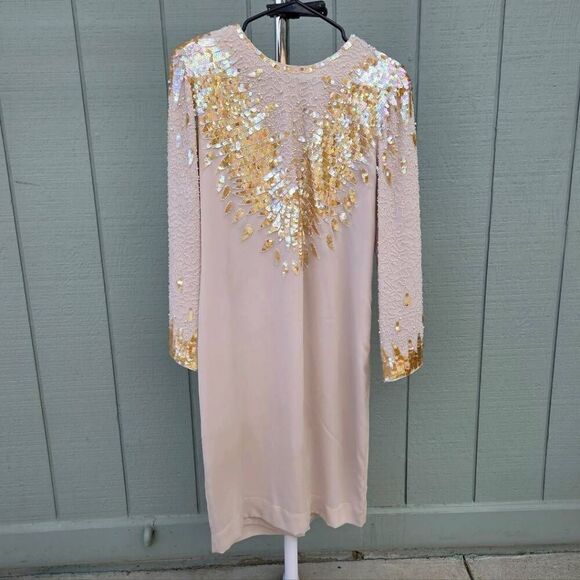 70s-80s Jack Bryan Vintage Sequin and Beaded Long Sleeved Cream Dress. Size 10 - Picture 1 of 10